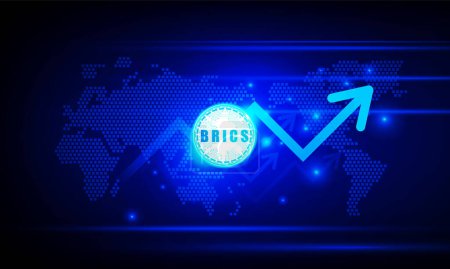 Illustration for Financial chart with moving up arrow graph brics coin cryptocurrency technology and world map in stock market on blue color background concept innovation background, vector design - Royalty Free Image