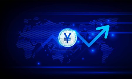 Ilustración de Gráfico financiero con yuan de flecha ascendente de gráfico de dinero chino y mapa del mundo en el mercado de valores en fondo de color azul concepto de innovación fondo, diseño de vectores - Imagen libre de derechos