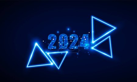 Abstract Key Door open Light out technology Abstract technology polygon Happy New Year 2024 of symbol with neon triangles. Hitech communication concept innovation background,  vector design