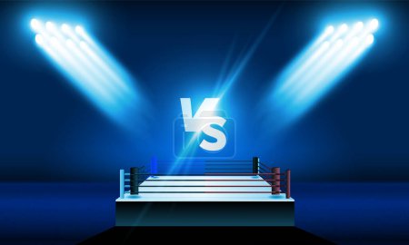 Boxing ring arena and floodlights vector design Bright stadium arena lights red blue. Vector illumination