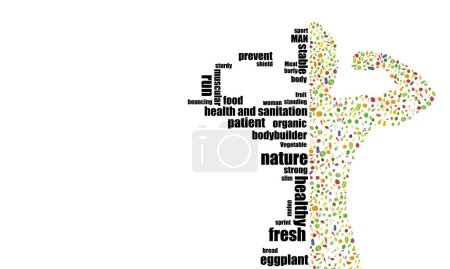 Sporty man  bodybuilder in silhouette on Random Vegetable fruit background and letters for health and sanitation vector design