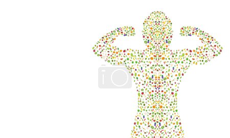 Sportlicher Mann Bodybuilder in Silhouette auf zufälligem Gemüse-Obst-Hintergrund und Buchstaben für Gesundheit und Hygiene-Vektor-Design