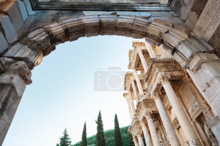 Entrance through the arch of the Library of Celsus in the ancient city of Ephesus, Turkey