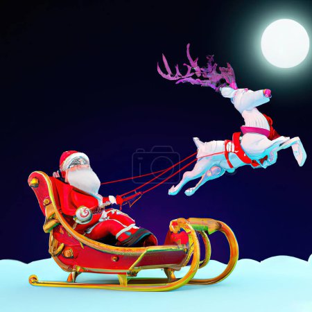 Photo for Santa claus sled with rudolph red nosed reindeer flying on the moon background, 3d cartoon generative AI illustration - Royalty Free Image