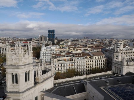 Photo for Madrid City Hall, ayuntamiento Communications Palace architecture landmark, view from above during a sunny day in Spain. - Royalty Free Image
