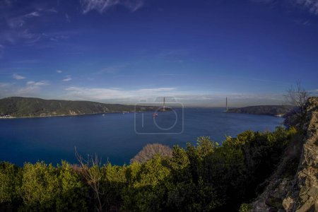 Photo for Aerial view from Fortress Ruins of Yoros Castle, Yoros Kalesi, or Genoese Castle, an ancient Byzantine castle at the confluence of Bosphorus and Black Sea in Anadolu Kavagi, Istanbul, Turkey. - Royalty Free Image
