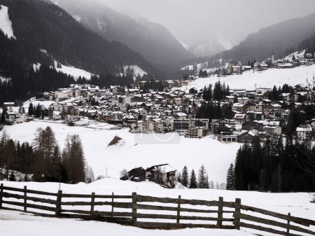 la villa village badia valley view on winter season dolomites Italy Trentino Alto Adige on snowy day
