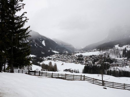 la villa village badia valley view on winter season dolomites Italy Trentino Alto Adige on snowy day