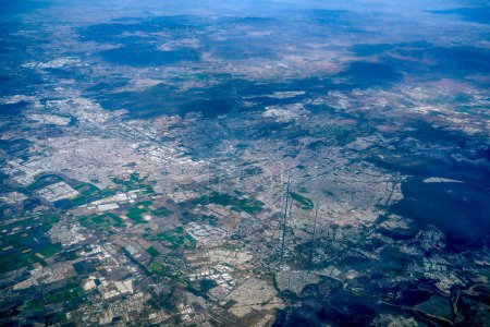 An Aerial view of Santiago de Queretaro, a city in central Mexico. Panorama from airplane