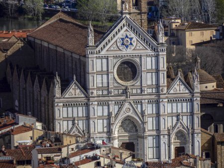 Photo for Basilica di Santa Croce Florence Aerial view cityscape from giotto tower detail near Cathedral Santa Maria dei Fiori, Brunelleschi Dome, Italy - Royalty Free Image