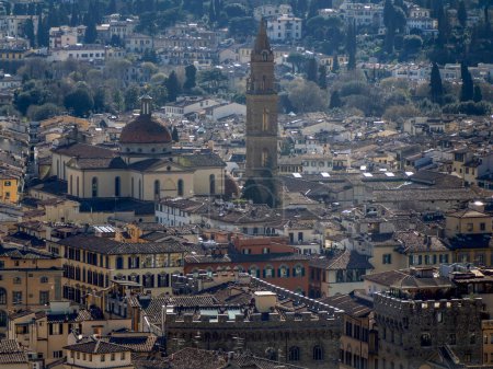 Photo for Florence Aerial view cityscape from giotto tower detail near Cathedral Santa Maria dei Fiori, Brunelleschi Dome, Italy - Royalty Free Image
