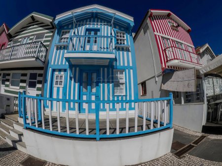 Striped Painted houses in Beach Praia Costa Nova do Prado in Aveiro, Portugal