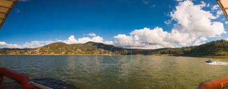 Photo for Panoramic photo of boats and sailboats on the Valle de Bravo dam. - Royalty Free Image