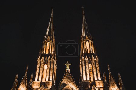 Photo for Exteriors seen at night of the Cathedral "Diocesan Sanctuary of Our Lady of Guadalupe" of Zamora Michoacan, shows Gothic style architecture. - Royalty Free Image