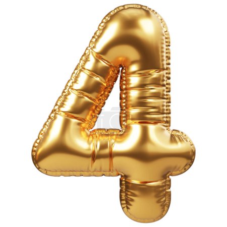 Téléchargez les photos : Ballon d'hélium doré en forme de numéro 4 ou 4. Décoration réaliste 3D, élément de design lié à tous les événements et la fête, salutations de vacances pour anniversaire, anniversaire, pourcentage de réduction à la vente - en image libre de droit