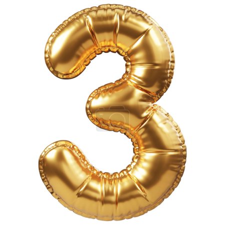 Téléchargez les photos : Ballon d'hélium doré en forme de numéro 3 ou 3. Décoration réaliste 3D, élément de design lié à tous les événements et la fête, salutations de vacances pour anniversaire, anniversaire, pourcentage de réduction à la vente - en image libre de droit
