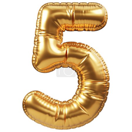 Téléchargez les photos : Ballon d'hélium doré en forme de numéro 5 ou 5. Décoration réaliste 3D, élément de design lié à tous les événements et la fête, salutations de vacances pour anniversaire, anniversaire, pourcentage de réduction à la vente - en image libre de droit