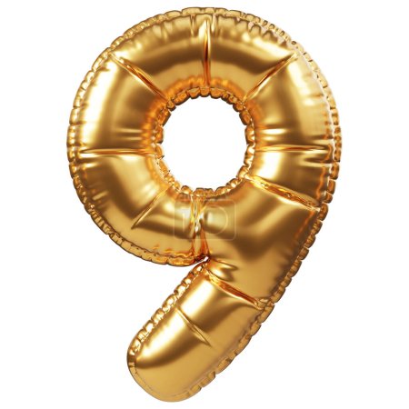 Téléchargez les photos : Ballon d'hélium d'or en forme de numéro 9 ou 9. Décoration réaliste 3D, élément de design lié à tous les événements et la fête, salutations de vacances pour anniversaire, anniversaire, pourcentage de réduction à la vente - en image libre de droit