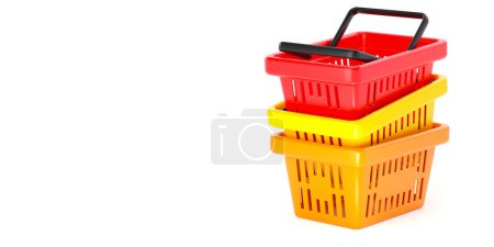 Photo for Stack of three plastic shopping or grocery basket from supermarket, on the white background. Advertising wide banner template. 3d render illustration - Royalty Free Image