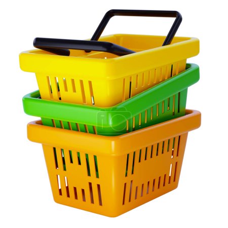 Photo for Stack of cute, multicolored plastic shopping or grocery baskets from supermarket, 3d render, isolated on white background - Royalty Free Image
