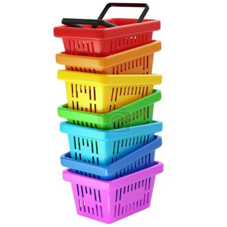 Photo for Stack of cute, multicolored plastic shopping or grocery baskets from supermarket, 3d render, isolated on white background - Royalty Free Image