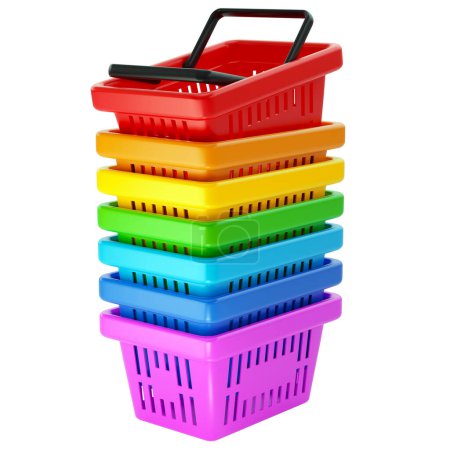 Foto de Pila de compras de plástico lindo, multicolor o cestas de supermercado, 3d render, aislado sobre fondo blanco - Imagen libre de derechos