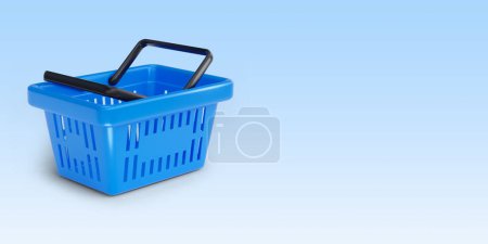 Photo for Blue plastic shopping or grocery basket from supermarket, on the light blue background. Advertising wide banner template. 3d render illustration - Royalty Free Image