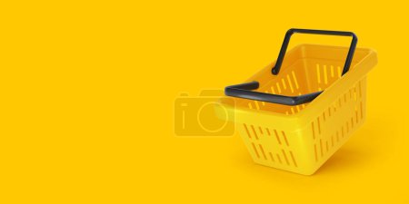 Photo for Yellow plastic shopping or grocery basket from supermarket, on the yellow background. Advertising wide banner template. 3d render illustration - Royalty Free Image