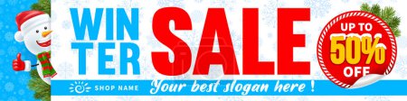Illustration for Christmas and New Year winter sale advertising banner template. Happy snowman with Santa hat and warm scarf, peek out behind banner. Place for text, percentage sign. Vector illustration - Royalty Free Image