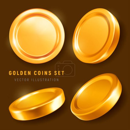 Illustration for Set of realistic, circular empty golden coins or money cash, drawn in top, side and perspective view. Concept of gambling games, casino jackpot, treasure or finance theme. Vector 3d illustration - Royalty Free Image