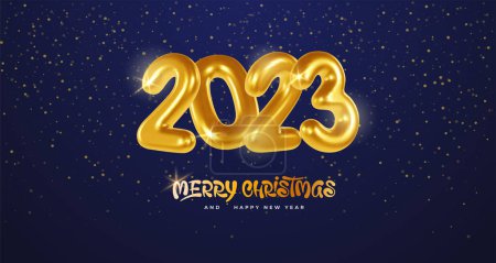 Illustration for Merry Christmas and Happy New Year 2023 greeting card. Realistic gold metal glossy and shiny numbers on dark blue background with falling glitters. Calligraphy inscription. Vector 3d illustration - Royalty Free Image