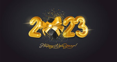 Illustration for Merry Christmas and Happy New Year 2023 greeting card. Realistic gold metal glossy and shiny numbers and black gift box with luxury golden bow. Calligraphy inscription. Vector 3d illustration - Royalty Free Image