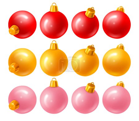 Ilustración de Brillante plástico 3d bolas de Navidad realistas o juguetes establecidos desde diferentes ángulos o proyecciones. Color rojo, amarillo y rosa, con montura dorada. Ilustración vectorial - Imagen libre de derechos