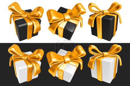 Illustration for Set of isolated festive black and white gift boxes with gorgeous golden bow. Vector realistic 3d illustration - Royalty Free Image