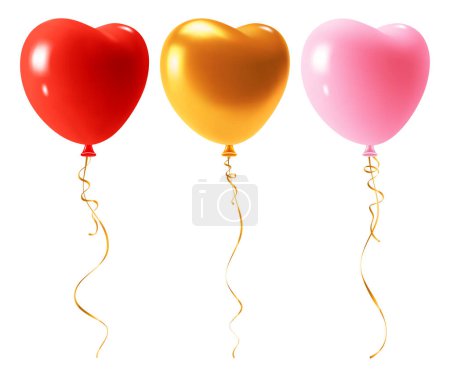 Illustration for Collection of colorful, glossy and shiny heart shape balloons with golden ribbon. Suitable for Valentine's Day, Mother's Day, wedding or other event decoration. Vector 3d cartoon illustration - Royalty Free Image