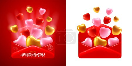 Téléchargez les illustrations : Joyeux Valentines joyeux et romantique salutation avec des cœurs convexes colorés s'envolant de l'enveloppe rouge. Isolé sur fond blanc et rouge. Illustration vectorielle 3d - en licence libre de droit