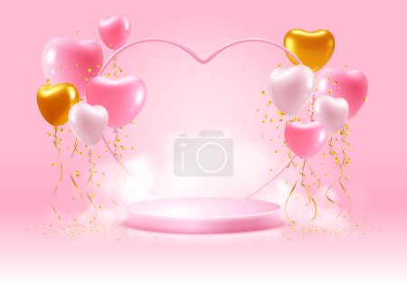 Téléchargez les illustrations : Fond Saint-Valentin avec affichage de produits roses et ballons en forme de coeur avec ruban doré et tinsel. Fumée ou brouillard autour du podium. Illustration vectorielle 3d - en licence libre de droit