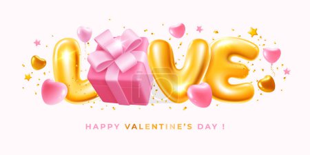 Illustration for Valentines Day greeting. Golden foiled inflatable toy balloons letters love and heart shaped, pink gift box with cute bow, flying in the air. Vector 3d realistic illustration - Royalty Free Image