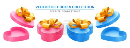 Ilustración de Blue And Pink Heart Shape Gift Boxes with Gold Ribbon. Open And Closed Gifts Set. 3d Realistic Vector illustration EPS10 - Imagen libre de derechos
