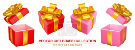 Téléchargez les illustrations : Red And Pink Square Gift Boxes with Gold Ribbon. Open And Closed Gifts Set. 3d Realistic Vector illustration EPS10 - en licence libre de droit