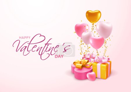 Illustration for Valentines Day greeting background with heart shaped balloons, golden ribbon, gift boxes and tinsel. Advertisement template for holiday sale. 3d Realistic Vector illustration EPS10 - Royalty Free Image