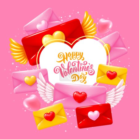 Ilustración de Happy Valentines Day Greeting Card With Valentines. Postal envelopes with wings and hearts in minimalist glossy plastic style. 3D Vector illustration EPS10 - Imagen libre de derechos