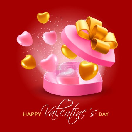 Ilustración de Happy Valentine's Day greeting background with pink and golden hearts flying out from a big heart shaped box with gold bow. 3d Realistic Vector illustration EPS10 - Imagen libre de derechos