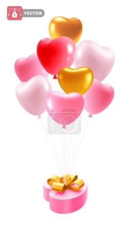 Illustration for Gift box flying on the heart shape inflatable balloons. Conceptual 3d realistic design of Valentine's day, wedding or other celebration. Vector illustration - Royalty Free Image