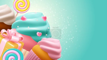 Téléchargez les illustrations : Valentine's Day celebration background with sweet dessert, 3d realistic cupcake decorated with hearts, lollipops. Vector illustration - en licence libre de droit