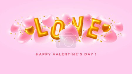 Téléchargez les illustrations : Valentines Day greeting card template. Convex golden letters Love, pink and gold hearts on pastel colored background. Vector 3d realistic illustration - en licence libre de droit