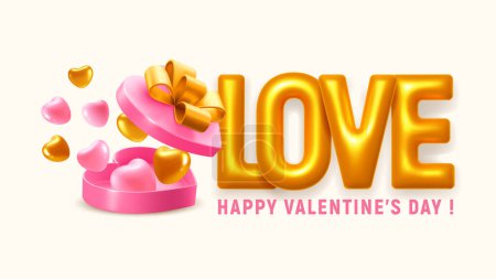 Illustration for Valentines Day greeting card template. Golden convex letters Love,  heart shaped pink open gift box with cute bow and hearts flying out of it. Vector 3d realistic illustration - Royalty Free Image
