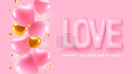Téléchargez les illustrations : Valentines Day greeting card template. Convex letters Love, pink and gold hearts on pastel colored background. Vector 3d realistic illustration - en licence libre de droit
