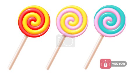Ilustración de Set of sweet spiral lollipops on white plastic sticks. 3d realistic, swirl, colored sugar candies. Vector illustration EPS10 - Imagen libre de derechos