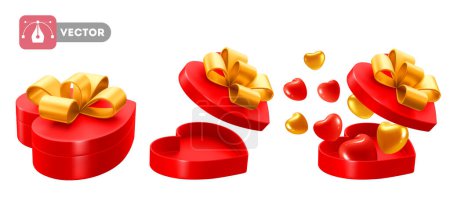 Illustration for Red heart shape gift boxes with beautiful golden bow. Open, closed  and with hearts, which flying out, gifts set. 3d Realistic Vector illustration EPS10 - Royalty Free Image